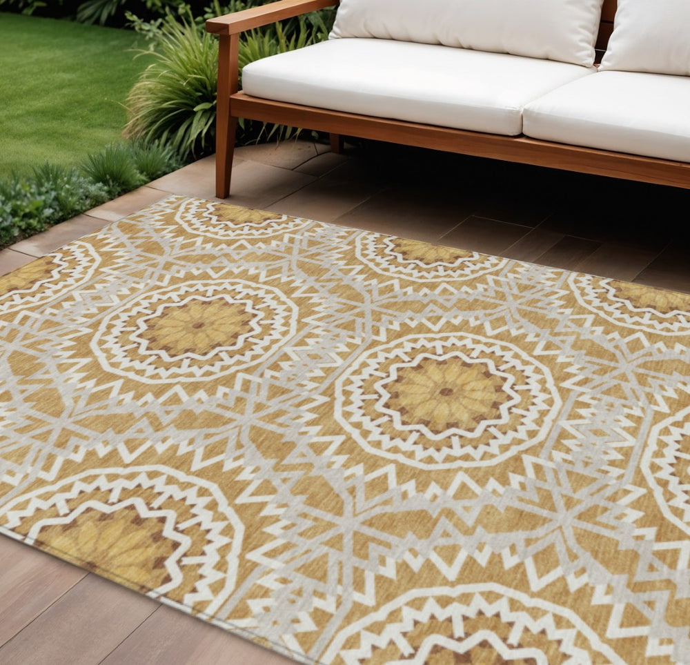 HomeRoots 9' Floral Medallion Area Rug in Gold Gray and Ivory - Stylish, Durable, and Washable for Indoor/Outdoor Use 9' X 12' 578614