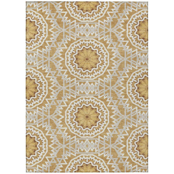 HomeRoots 9' Floral Medallion Area Rug in Gold Gray and Ivory - Stylish, Durable, and Washable for Indoor/Outdoor Use 9' X 12' 578614