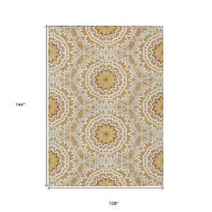 Homeroots 3' Floral Medallion Area Rug - Artichoke Green & Tan, Washable For Indoor & Outdoor Use, Durable Design 9' X 12' Polyester 578614
