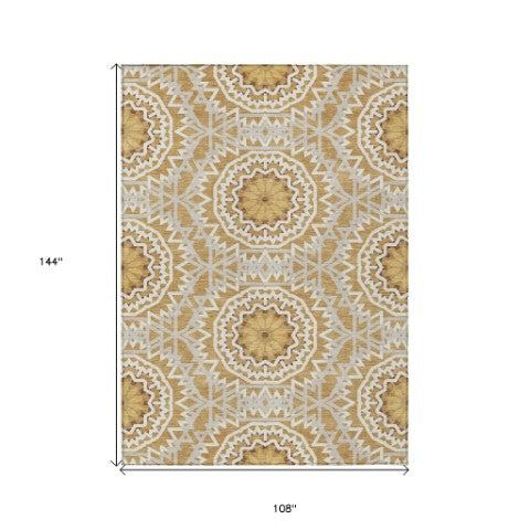 Homeroots 3' Floral Medallion Area Rug - Artichoke Green & Tan, Washable For Indoor & Outdoor Use, Durable Design 9' X 12' Polyester 578614