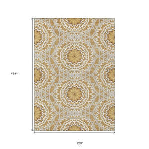 Homeroots 3' Floral Medallion Area Rug - Artichoke Green & Tan, Washable For Indoor & Outdoor Use, Durable Design 10' X 14' Polyester 578615