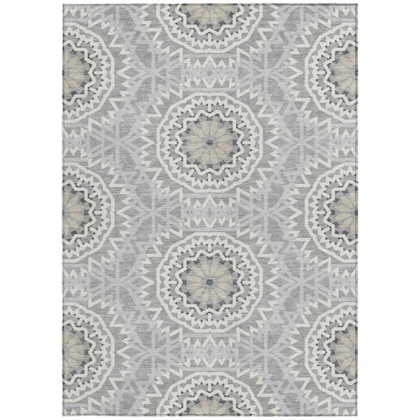 HomeRoots 5' Gray Silver and Ivory Floral Medallion Area Rug - Stylish Indoor Outdoor Design for Easy Care 5' X 8' 578617