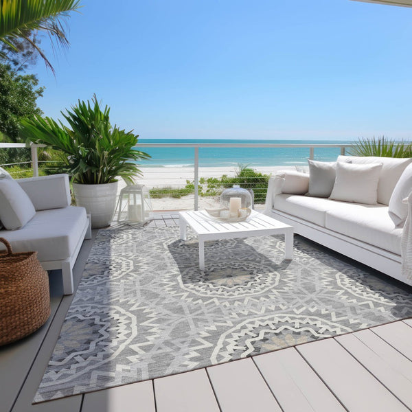 HomeRoots 5' Gray Silver and Ivory Floral Medallion Area Rug - Stylish Indoor Outdoor Design for Easy Care 5' X 8' 578617