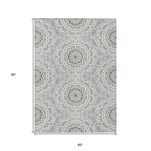 HomeRoots 5' Gray Silver and Ivory Floral Medallion Area Rug - Stylish Indoor Outdoor Design for Easy Care 5' X 8' 578617