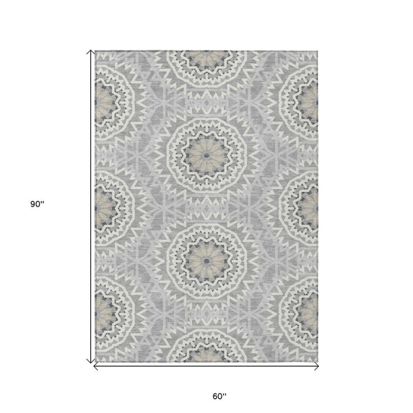 HomeRoots 5' Gray Silver and Ivory Floral Medallion Area Rug - Stylish Indoor Outdoor Design for Easy Care 5' X 8' 578617