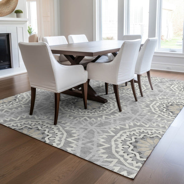 HomeRoots 5' Gray Silver and Ivory Floral Medallion Area Rug - Stylish Indoor Outdoor Design for Easy Care 5' X 8' 578617
