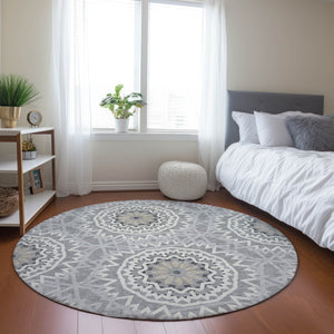 Homeroots 3' Floral Medallion Area Rug - Artichoke Green & Tan, Washable For Indoor & Outdoor Use, Durable Design 8' Round Polyester 578618