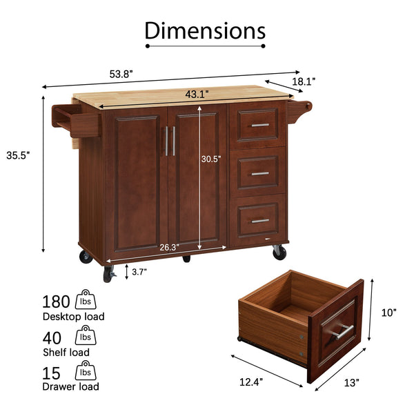 English Elm Kitchen Island Cart with Drop-Leaf Rubberwood Countertop, Rolling Tower Rack, Drawers & Spice Storage Brown W1820P195006