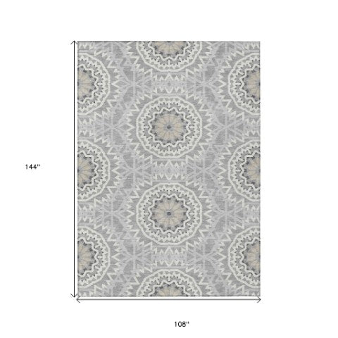 Homeroots 3' Floral Medallion Area Rug - Artichoke Green & Tan, Washable For Indoor & Outdoor Use, Durable Design 9' X 12' Polyester 578620