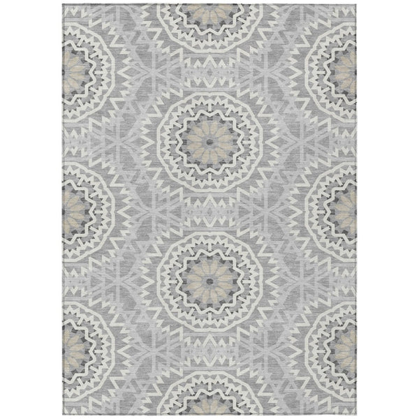 HomeRoots 5' Gray Silver and Ivory Floral Medallion Area Rug - Stylish Indoor Outdoor Design for Easy Care 10' X 14' 578621