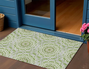Homeroots 3' Floral Medallion Area Rug - Artichoke Green & Tan, Washable For Indoor & Outdoor Use, Durable Design 3' X 5' Polyester 578622