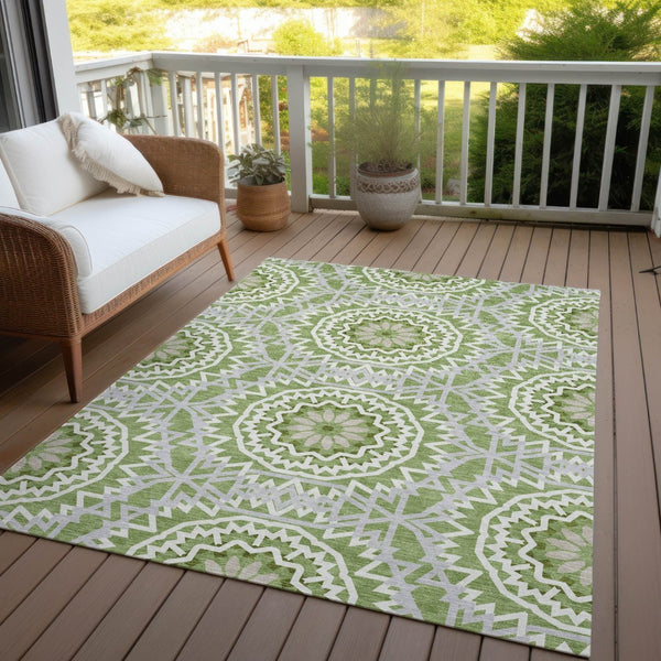 HomeRoots 5' Olive Green Floral Medallion Area Rug - Durable, Washable Design for Indoor & Outdoor Spaces 5' X 8' 578623