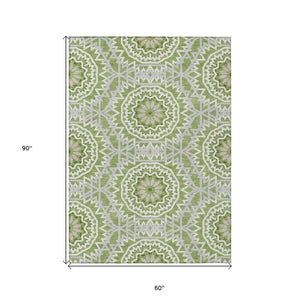 HomeRoots 5' Olive Green Floral Medallion Area Rug - Durable, Washable Design for Indoor & Outdoor Spaces 5' X 8' 578623