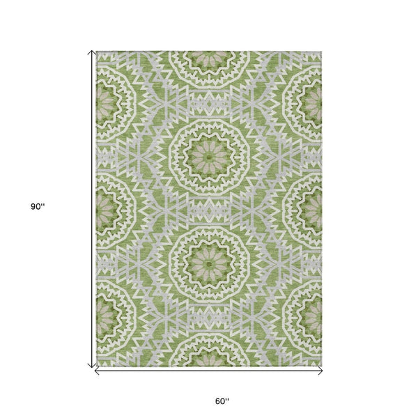 HomeRoots 5' Olive Green Floral Medallion Area Rug - Durable, Washable Design for Indoor & Outdoor Spaces 5' X 8' 578623