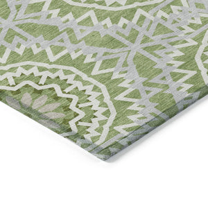 HomeRoots 5' Olive Green Floral Medallion Area Rug - Durable, Washable Design for Indoor & Outdoor Spaces 5' X 8' 578623