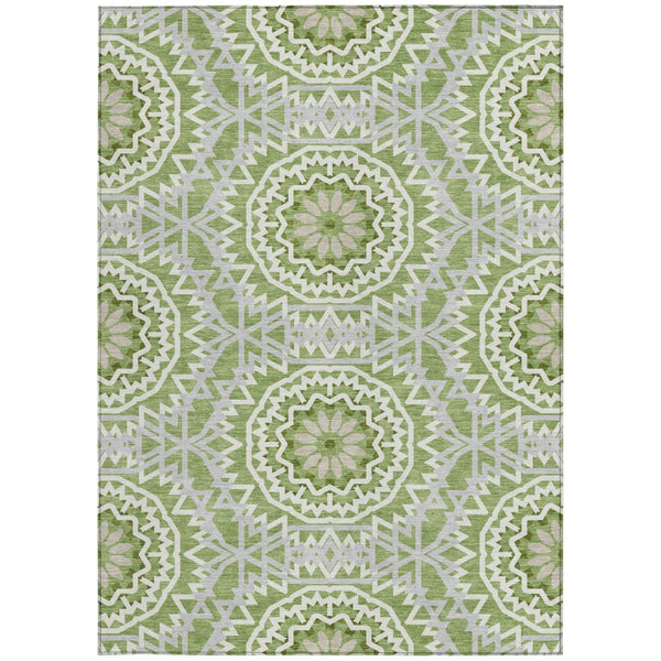 HomeRoots 5' Olive Green Floral Medallion Area Rug - Durable, Washable Design for Indoor & Outdoor Spaces 5' X 8' 578623