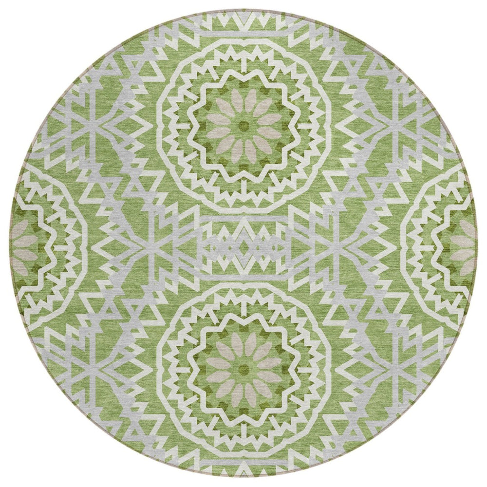 HomeRoots 5' Olive Green Floral Medallion Area Rug - Durable, Washable Design for Indoor & Outdoor Spaces 8' Round 578624