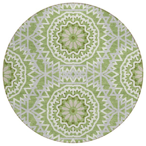 HomeRoots 5' Olive Green Floral Medallion Area Rug - Durable, Washable Design for Indoor & Outdoor Spaces 8' Round 578624