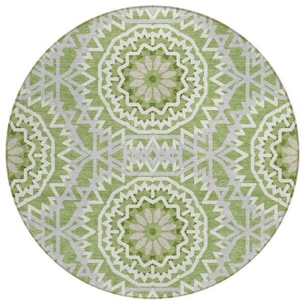 HomeRoots 5' Olive Green Floral Medallion Area Rug - Durable, Washable Design for Indoor & Outdoor Spaces 8' Round 578624