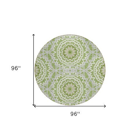 Homeroots 3' Floral Medallion Area Rug - Artichoke Green & Tan, Washable For Indoor & Outdoor Use, Durable Design 8' Round Polyester 578624