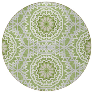 Homeroots 3' Floral Medallion Area Rug - Artichoke Green & Tan, Washable For Indoor & Outdoor Use, Durable Design 8' Round Polyester 578624