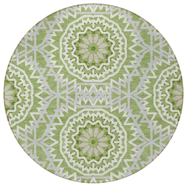Homeroots 3' Floral Medallion Area Rug - Artichoke Green & Tan, Washable For Indoor & Outdoor Use, Durable Design 8' Round Polyester 578624