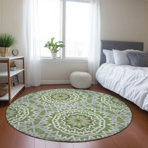 Homeroots 3' Floral Medallion Area Rug - Artichoke Green & Tan, Washable For Indoor & Outdoor Use, Durable Design 8' Round Polyester 578624
