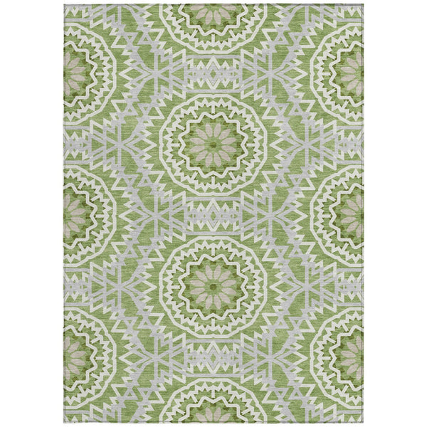 Homeroots 3' Floral Medallion Area Rug - Artichoke Green & Tan, Washable For Indoor & Outdoor Use, Durable Design 8' X 10' Polyester 578625