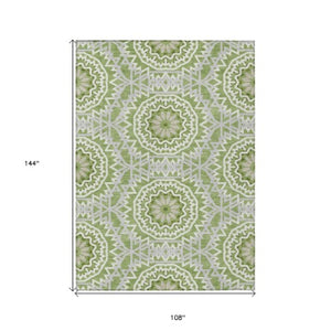 Homeroots 3' Floral Medallion Area Rug - Artichoke Green & Tan, Washable For Indoor & Outdoor Use, Durable Design 9' X 12' Polyester 578626