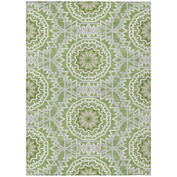 HomeRoots 5' Olive Green Floral Medallion Area Rug - Durable, Washable Design for Indoor & Outdoor Spaces 10' X 14' 578627