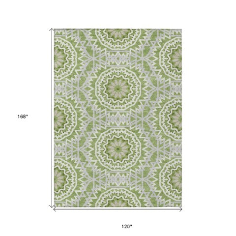 Homeroots 3' Floral Medallion Area Rug - Artichoke Green & Tan, Washable For Indoor & Outdoor Use, Durable Design 10' X 14' Polyester 578627