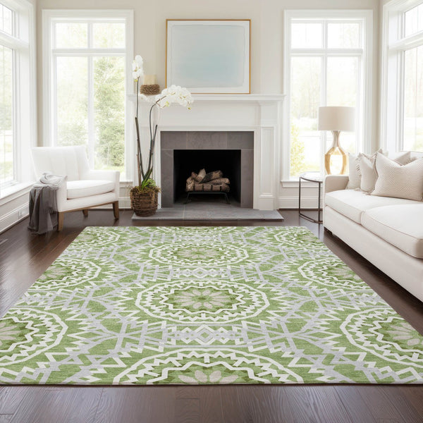 Homeroots 3' Floral Medallion Area Rug - Artichoke Green & Tan, Washable For Indoor & Outdoor Use, Durable Design 10' X 14' Polyester 578627
