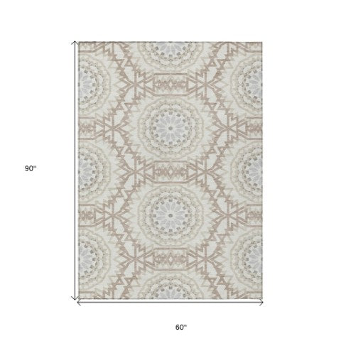 Homeroots 3' Floral Medallion Area Rug - Artichoke Green & Tan, Washable For Indoor & Outdoor Use, Durable Design 5' X 8' Polyester 578629