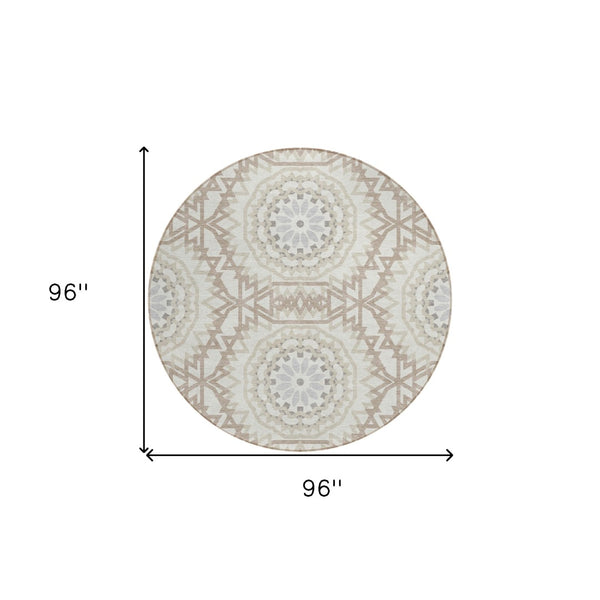 Homeroots 3' Floral Medallion Area Rug - Artichoke Green & Tan, Washable For Indoor & Outdoor Use, Durable Design 8' Round Polyester 578630