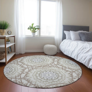 Homeroots 3' Floral Medallion Area Rug - Artichoke Green & Tan, Washable For Indoor & Outdoor Use, Durable Design 8' Round Polyester 578630
