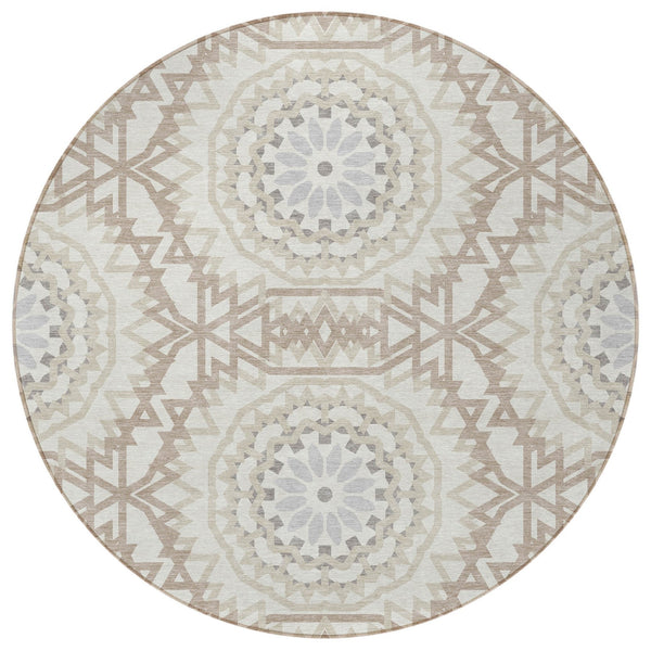 Homeroots 3' Floral Medallion Area Rug - Artichoke Green & Tan, Washable For Indoor & Outdoor Use, Durable Design 8' Round Polyester 578630