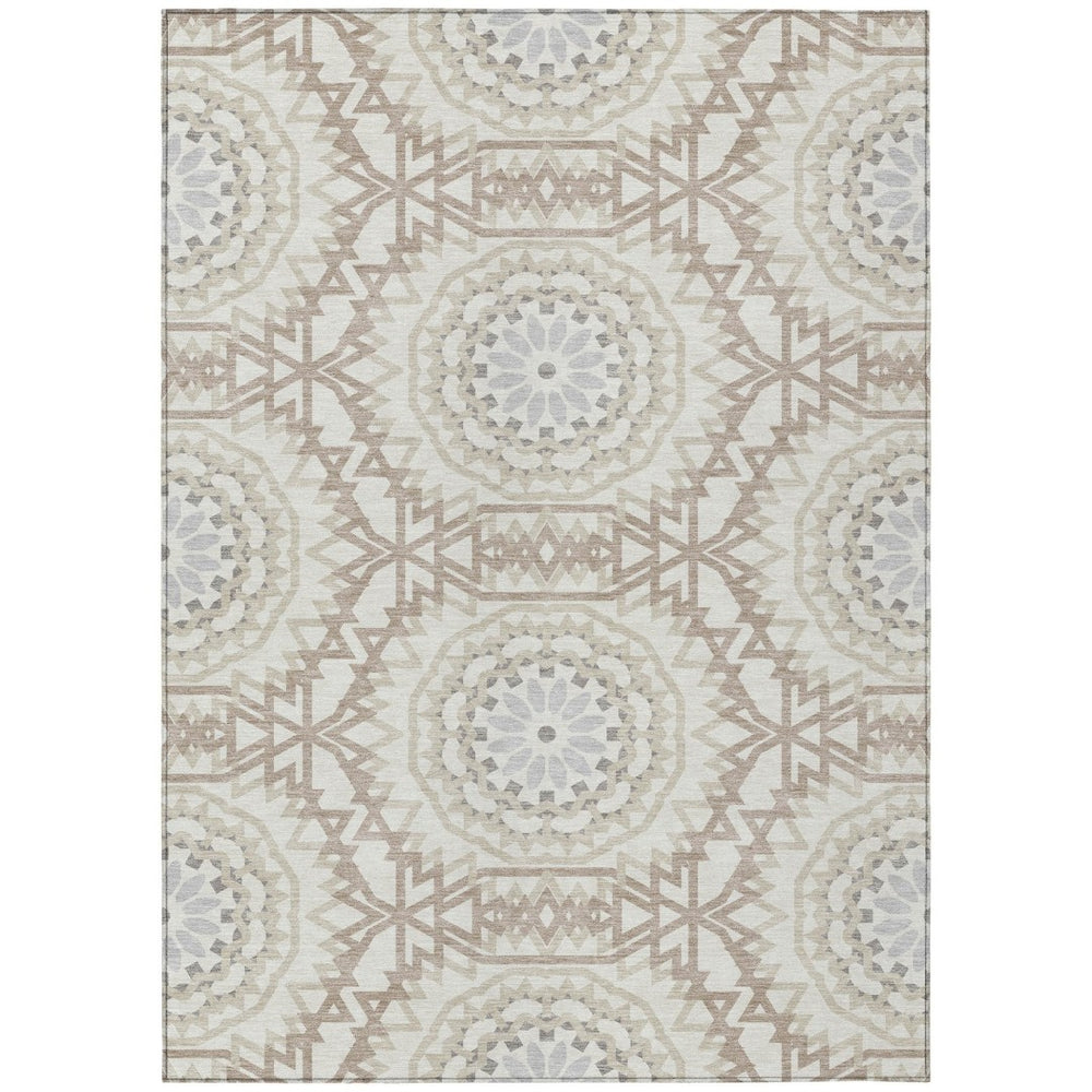 HomeRoots 9' Elegant Ivory Beige and Silver Floral Medallion Area Rug - Durable, Washable for Indoor/Outdoor Use 9' X 12' 578632