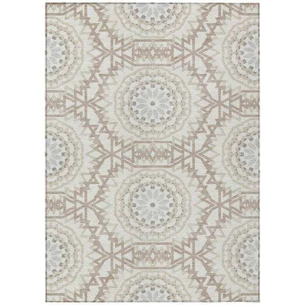 HomeRoots 9' Elegant Ivory Beige and Silver Floral Medallion Area Rug - Durable, Washable for Indoor/Outdoor Use 9' X 12' 578632