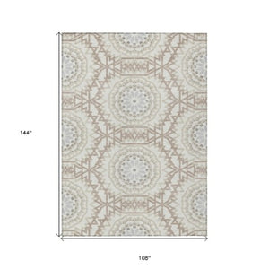 Homeroots 3' Floral Medallion Area Rug - Artichoke Green & Tan, Washable For Indoor & Outdoor Use, Durable Design 9' X 12' Polyester 578632