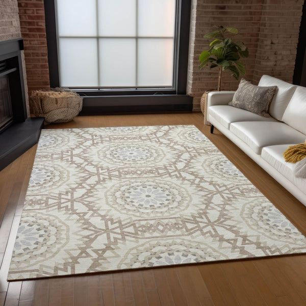 Homeroots 3' Floral Medallion Area Rug - Artichoke Green & Tan, Washable For Indoor & Outdoor Use, Durable Design 9' X 12' Polyester 578632