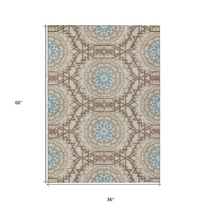 Homeroots 3' Floral Medallion Area Rug - Artichoke Green & Tan, Washable For Indoor & Outdoor Use, Durable Design 3' X 5' Polyester 578634