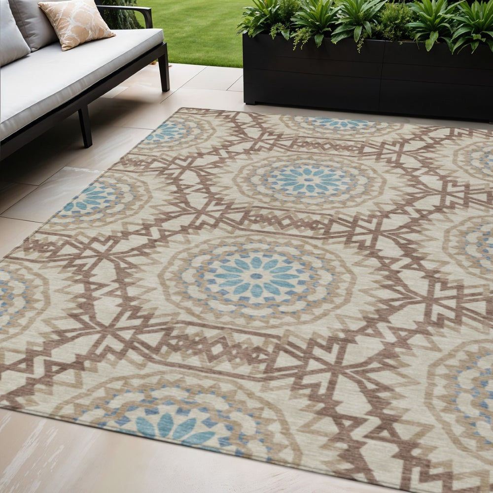HomeRoots 5' Elegant Khaki Brown and Taupe Floral Medallion Washable Area Rug for Indoor and Outdoor Spaces 5' X 8' 578635
