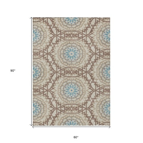 Homeroots 3' Floral Medallion Area Rug - Artichoke Green & Tan, Washable For Indoor & Outdoor Use, Durable Design 5' X 8' Polyester 578635