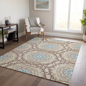 Homeroots 3' Floral Medallion Area Rug - Artichoke Green & Tan, Washable For Indoor & Outdoor Use, Durable Design 5' X 8' Polyester 578635