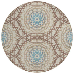 HomeRoots 5' Elegant Khaki Brown and Taupe Floral Medallion Washable Area Rug for Indoor and Outdoor Spaces 8' Round 578636