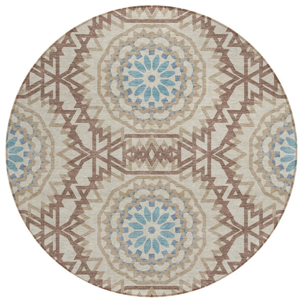 HomeRoots 5' Elegant Khaki Brown and Taupe Floral Medallion Washable Area Rug for Indoor and Outdoor Spaces 8' Round 578636