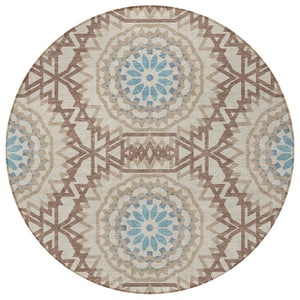 Homeroots 3' Floral Medallion Area Rug - Artichoke Green & Tan, Washable For Indoor & Outdoor Use, Durable Design 8' Round Polyester 578636