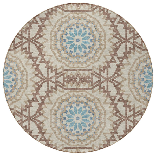 Homeroots 3' Floral Medallion Area Rug - Artichoke Green & Tan, Washable For Indoor & Outdoor Use, Durable Design 8' Round Polyester 578636