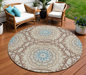 Homeroots 3' Floral Medallion Area Rug - Artichoke Green & Tan, Washable For Indoor & Outdoor Use, Durable Design 8' Round Polyester 578636
