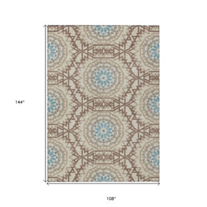 Homeroots 3' Floral Medallion Area Rug - Artichoke Green & Tan, Washable For Indoor & Outdoor Use, Durable Design 9' X 12' Polyester 578638